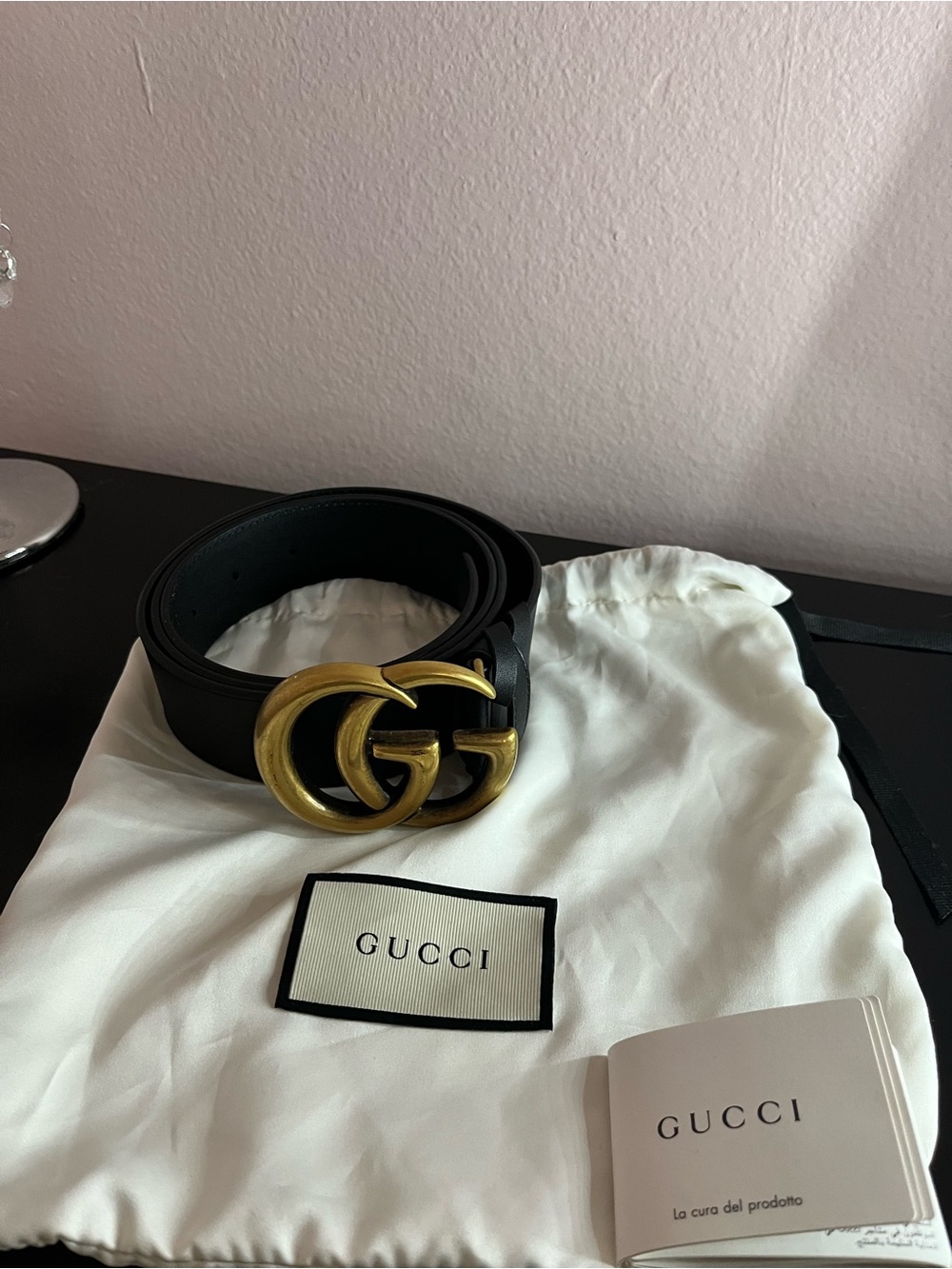Authentic Gucci Black Leather Belt with Antique Gold Double G Logo
